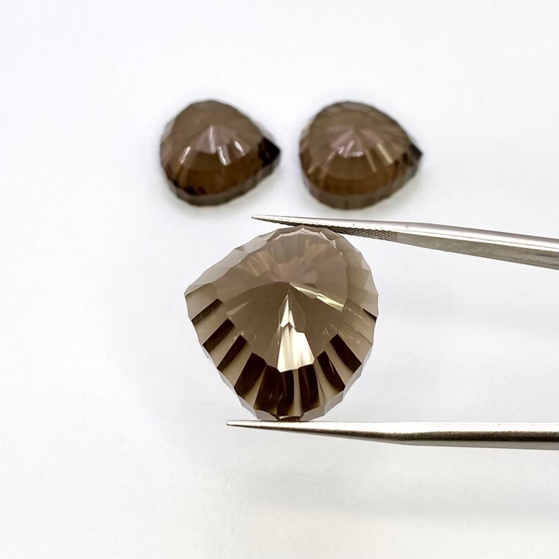 65.40 Carat Smoky Quartz 17.5-21mm Concave Cut Heart Shape AAA Grade Matched Cabochons Set - Total 3 Pcs.