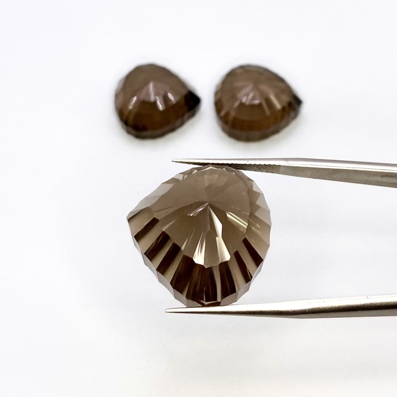 65.40 Carat Smoky Quartz 17.5-21mm Concave Cut Heart Shape AAA Grade Matched Cabochons Set - Total 3 Pcs.