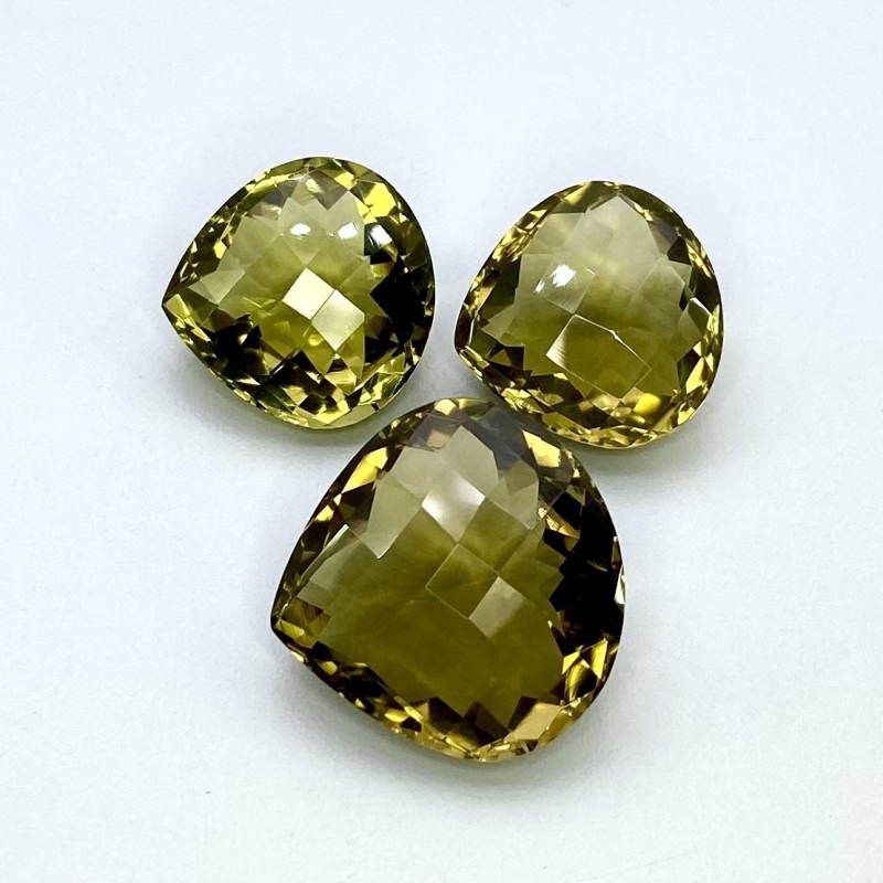 60.25 Cts. Olive Quartz 17.5-21mm Checkerboard Heart Shape AAA Grade Matched Gemstones Set - Total 3 Pcs.