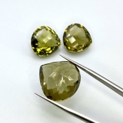  60.25 Cts. Olive Quartz 17.5-21mm Checkerboard Heart Shape AAA Grade Matched Gemstones Set - Total 3 Pcs.