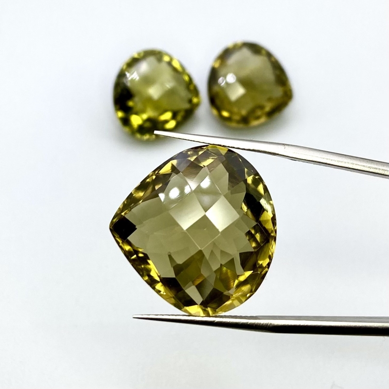  60.25 Cts. Olive Quartz 17.5-21mm Checkerboard Heart Shape AAA Grade Matched Gemstones Set - Total 3 Pcs.