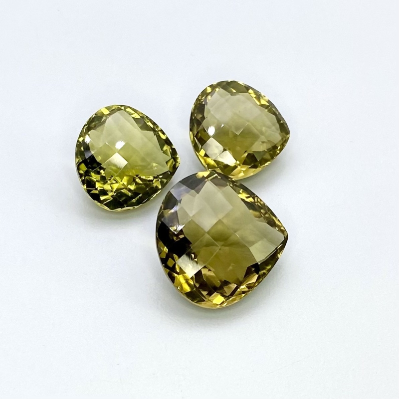  60.25 Cts. Olive Quartz 17.5-21mm Checkerboard Heart Shape AAA Grade Matched Gemstones Set - Total 3 Pcs.