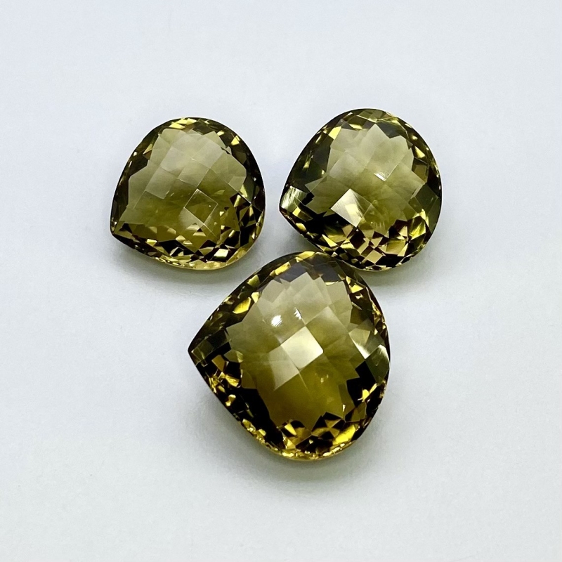 68.10 Cts. Olive Quartz 18.5-21mm Checkerboard Heart Shape AAA Grade Matched Gemstones Set - Total 3 Pcs.