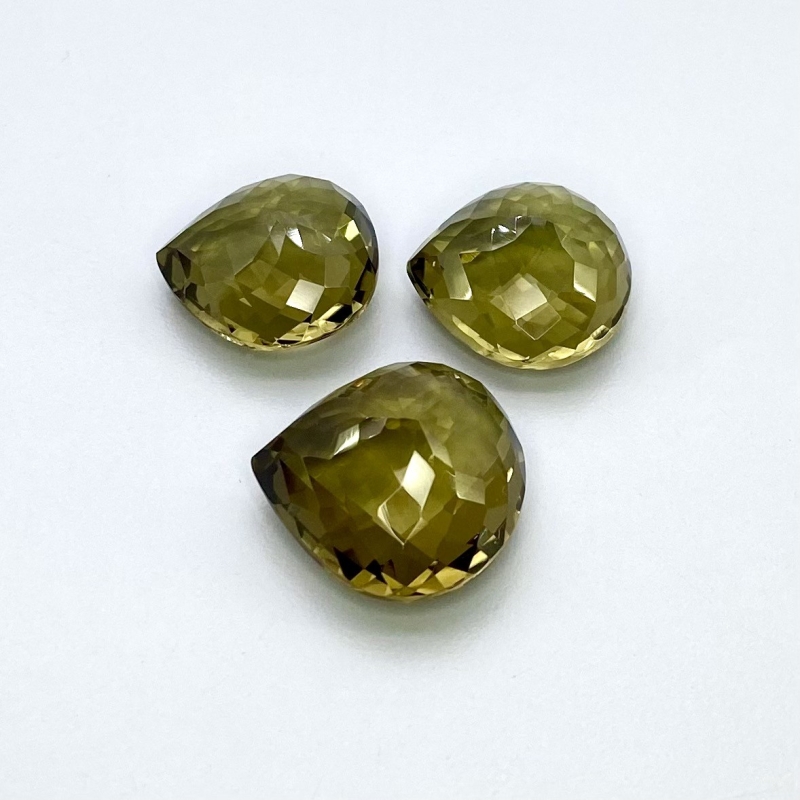  68.10 Cts. Olive Quartz 18.5-21mm Checkerboard Heart Shape AAA Grade Matched Gemstones Set - Total 3 Pcs.