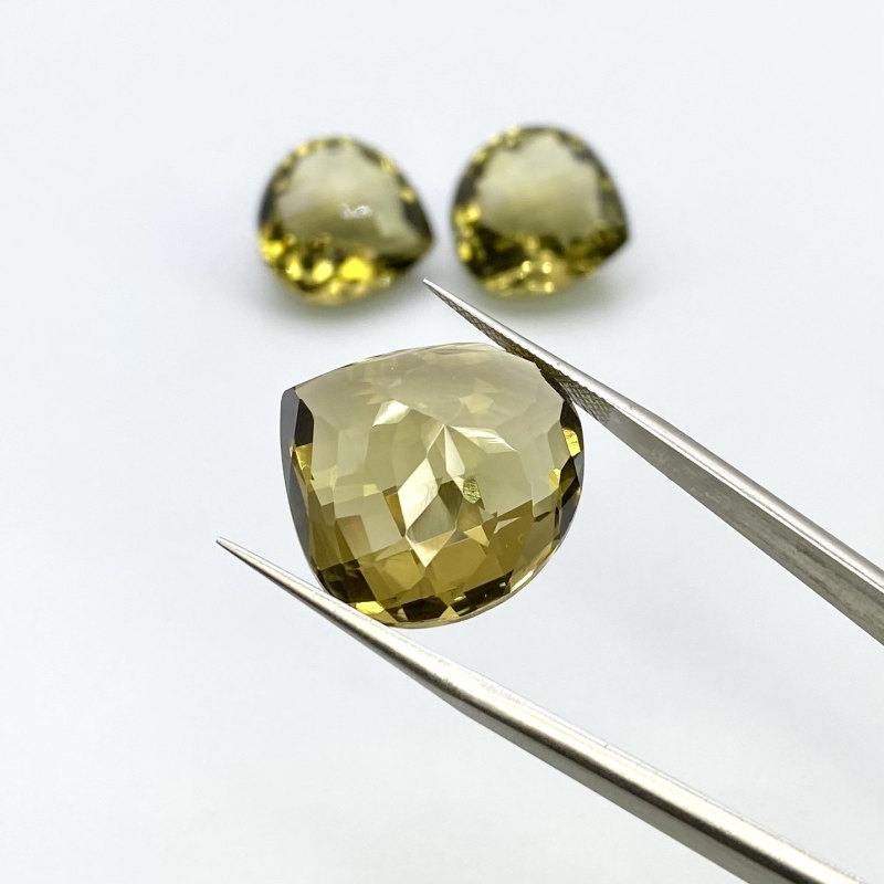  68.10 Cts. Olive Quartz 18.5-21mm Checkerboard Heart Shape AAA Grade Matched Gemstones Set - Total 3 Pcs.