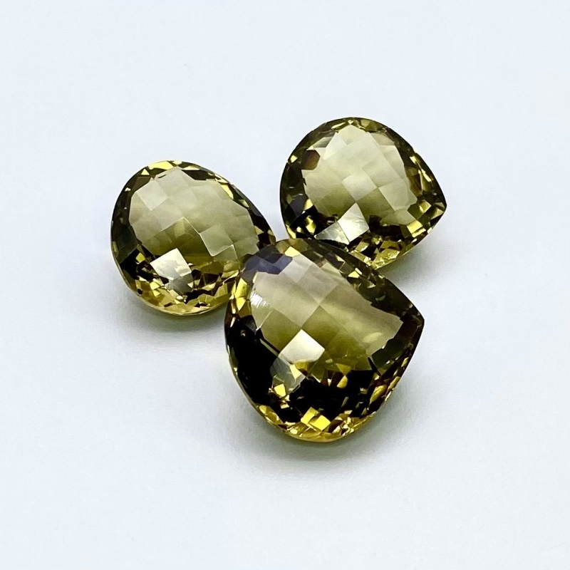  68.10 Cts. Olive Quartz 18.5-21mm Checkerboard Heart Shape AAA Grade Matched Gemstones Set - Total 3 Pcs.