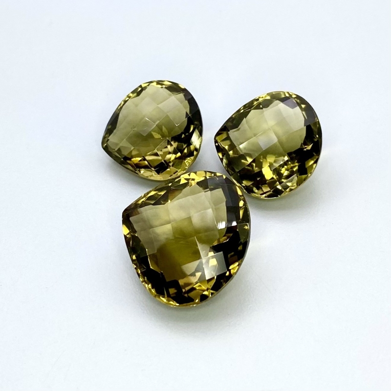 68.10 Cts. Olive Quartz 18.5-21mm Checkerboard Heart Shape AAA Grade Matched Gemstones Set - Total 3 Pcs.