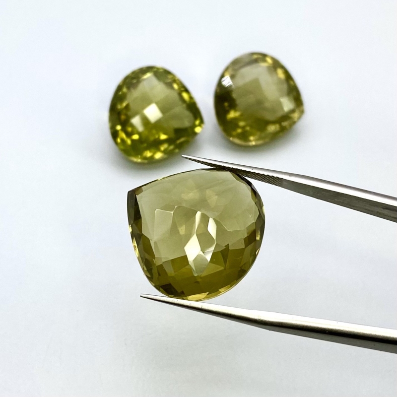  69.85 Cts. Olive Quartz 18.5-21mm Checkerboard Heart Shape AAA Grade Matched Gemstones Set - Total 3 Pcs.