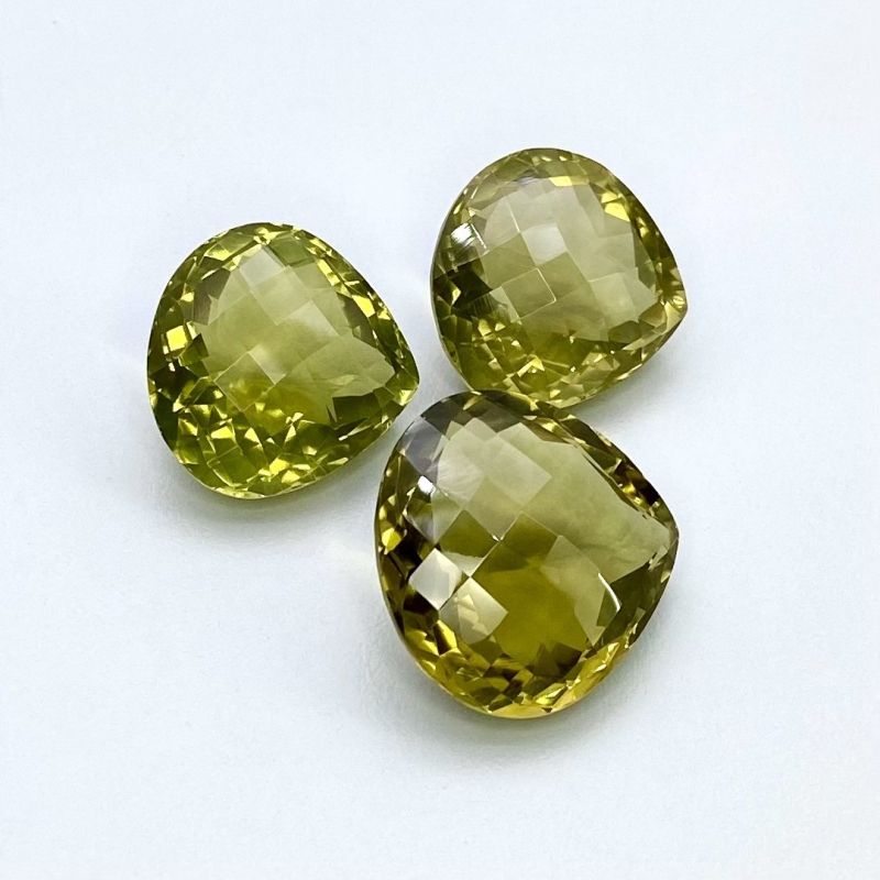  69.85 Cts. Olive Quartz 18.5-21mm Checkerboard Heart Shape AAA Grade Matched Gemstones Set - Total 3 Pcs.