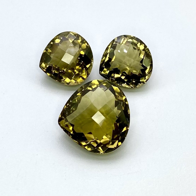  61.15 Cts. Olive Quartz 17-21mm Checkerboard Heart Shape AAA Grade Matched Gemstones Set - Total 3 Pcs.