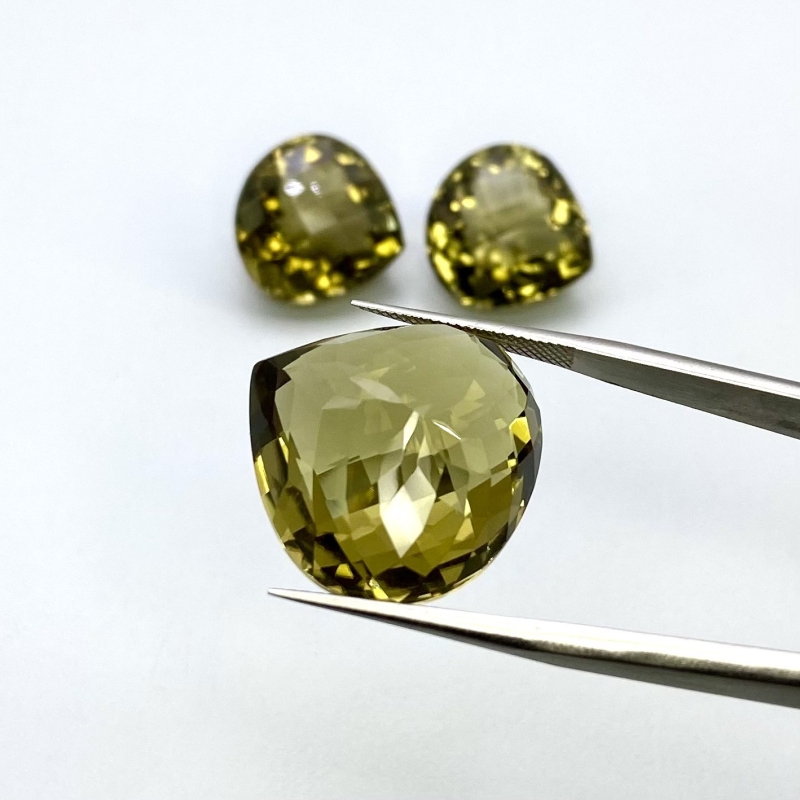  61.15 Cts. Olive Quartz 17-21mm Checkerboard Heart Shape AAA Grade Matched Gemstones Set - Total 3 Pcs.