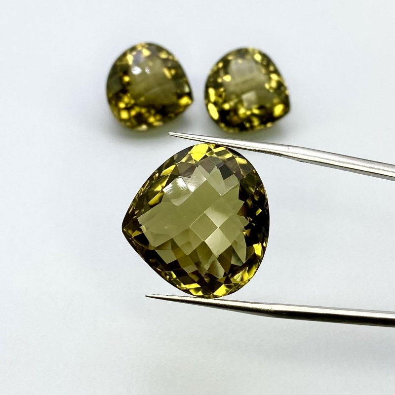  61.15 Cts. Olive Quartz 17-21mm Checkerboard Heart Shape AAA Grade Matched Gemstones Set - Total 3 Pcs.