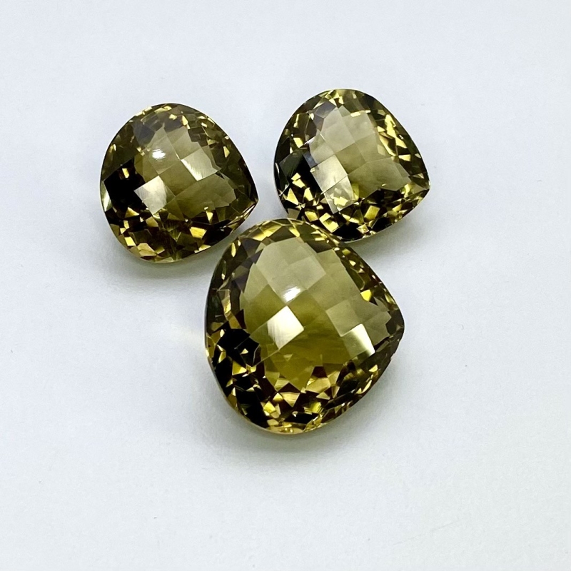  61.15 Cts. Olive Quartz 17-21mm Checkerboard Heart Shape AAA Grade Matched Gemstones Set - Total 3 Pcs.