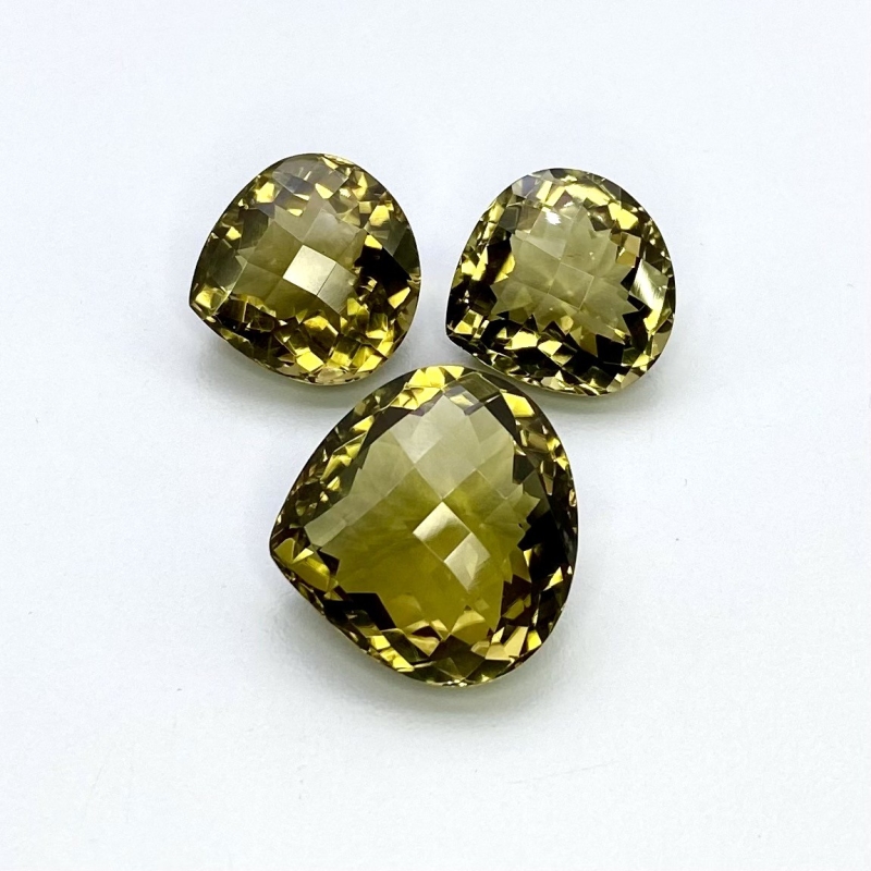  61.15 Cts. Olive Quartz 17-21mm Checkerboard Heart Shape AAA Grade Matched Gemstones Set - Total 3 Pcs.