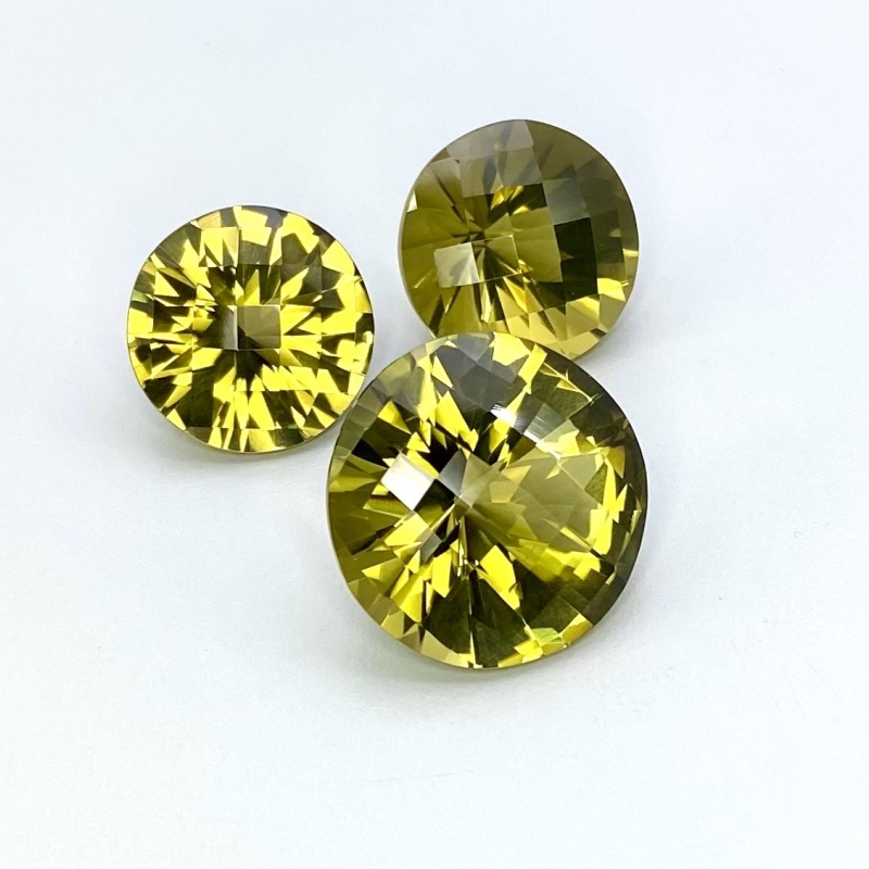  82.45 Cts. Olive Quartz 18.5-23mm Checkerboard Round Shape AAA Grade Matched Gemstones Set - Total 3 Pcs.