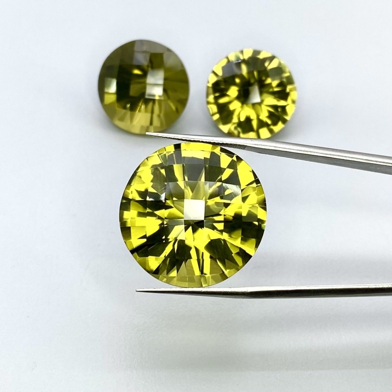  82.45 Cts. Olive Quartz 18.5-23mm Checkerboard Round Shape AAA Grade Matched Gemstones Set - Total 3 Pcs.