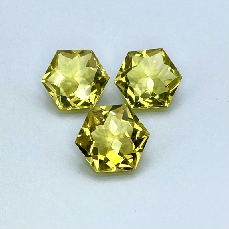  30.30 Cts. Lemon Quartz 14-14.5mm Fancy Cut Hexagon Shape AAA Grade Matched Gemstones Set - Total 3 Pcs.
