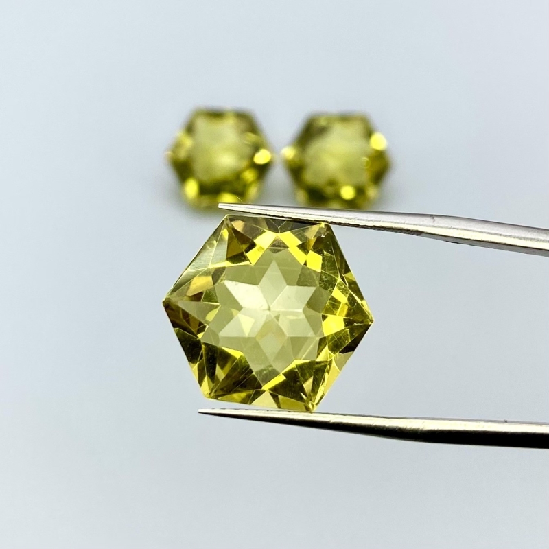  30.30 Cts. Lemon Quartz 14-14.5mm Fancy Cut Hexagon Shape AAA Grade Matched Gemstones Set - Total 3 Pcs.
