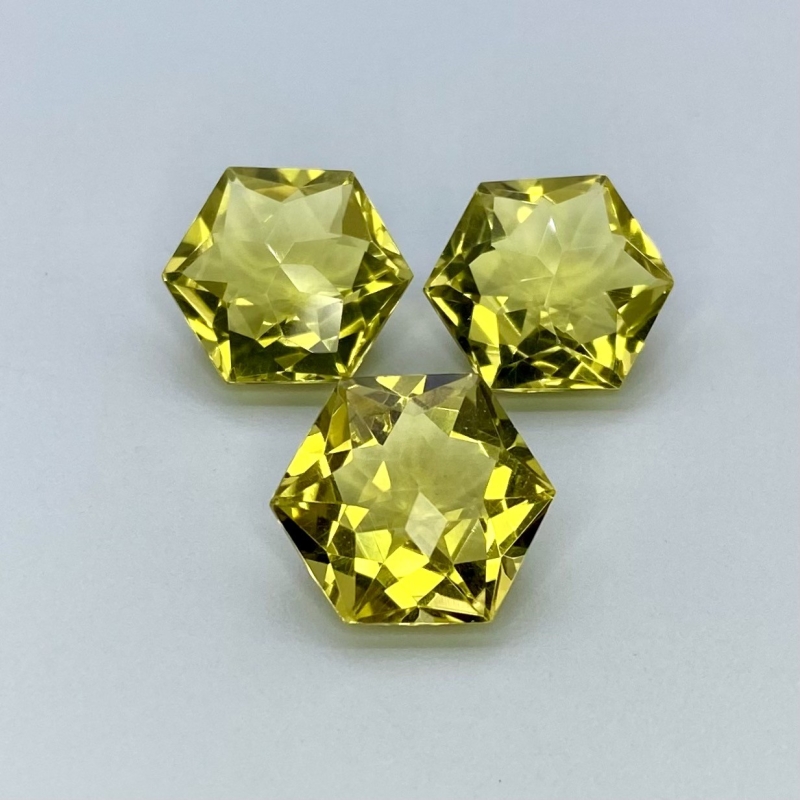  30.30 Cts. Lemon Quartz 14-14.5mm Fancy Cut Hexagon Shape AAA Grade Matched Gemstones Set - Total 3 Pcs.