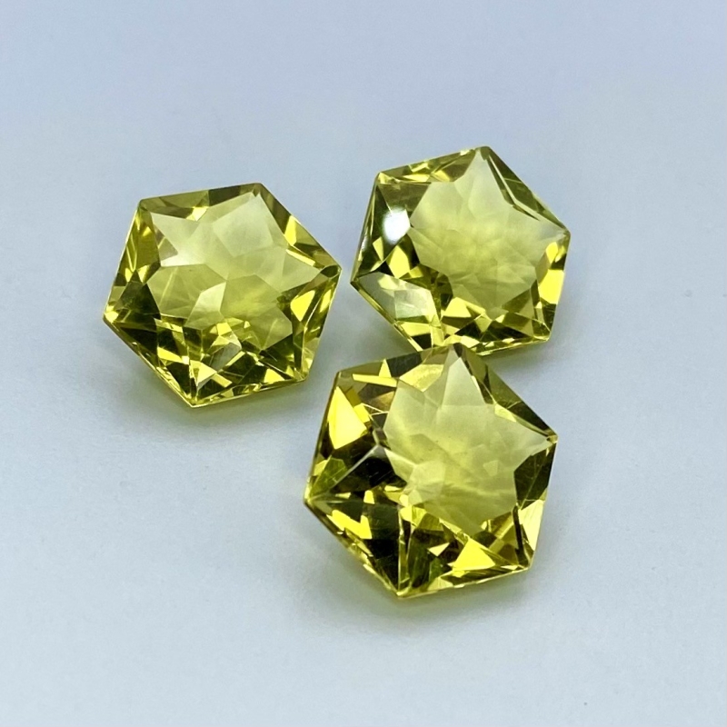  30.30 Cts. Lemon Quartz 14-14.5mm Fancy Cut Hexagon Shape AAA Grade Matched Gemstones Set - Total 3 Pcs.