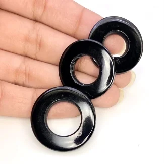59.63 Carat Black Onyx 25-28mm Carved Donut Shape AAA Grade Matched Gemstone Carvings Set - Total 3 Pcs.