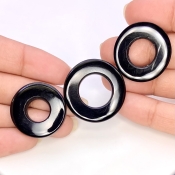 59.63 Carat Black Onyx 25-28mm Carved Donut Shape AAA Grade Matched Gemstone Carvings Set - Total 3 Pcs.