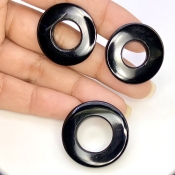 59.63 Carat Black Onyx 25-28mm Carved Donut Shape AAA Grade Matched Gemstone Carvings Set - Total 3 Pcs.