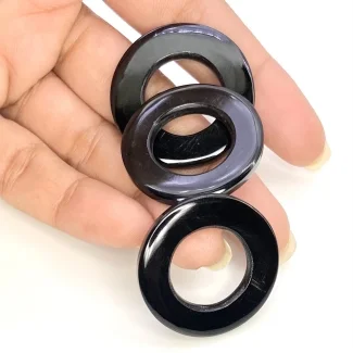 59.45 Carat Black Onyx 29.5-31mm Carved Donut Shape AAA Grade Matched Gemstone Carvings Set - Total 3 Pcs.