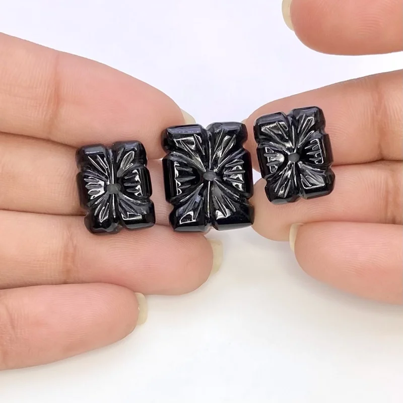 44.47 Carat Black Onyx 15-18mm Carved Fancy Shape AAA Grade Matched Gemstone Carvings Set - Total 3 Pcs.