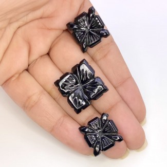 55.97 Carat Black Onyx 16-19.5mm Carved Fancy Shape AAA Grade Matched Gemstone Carvings Set - Total 3 Pcs.