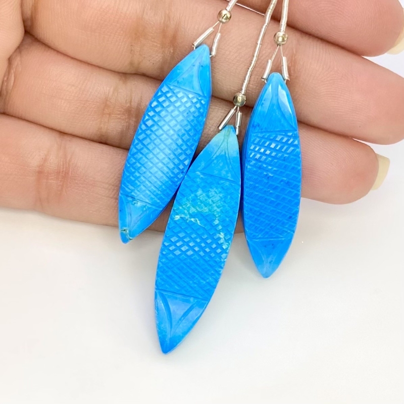 80.25 Carat Turquoise 35-40mm Carved Fancy Shape AAA Grade Matched Gemstone Carvings Set - Total 3 Pcs.
