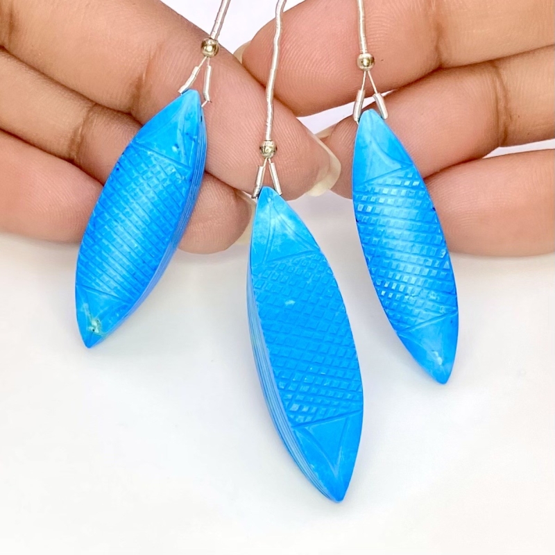 80.25 Carat Turquoise 35-40mm Carved Fancy Shape AAA Grade Matched Gemstone Carvings Set - Total 3 Pcs.