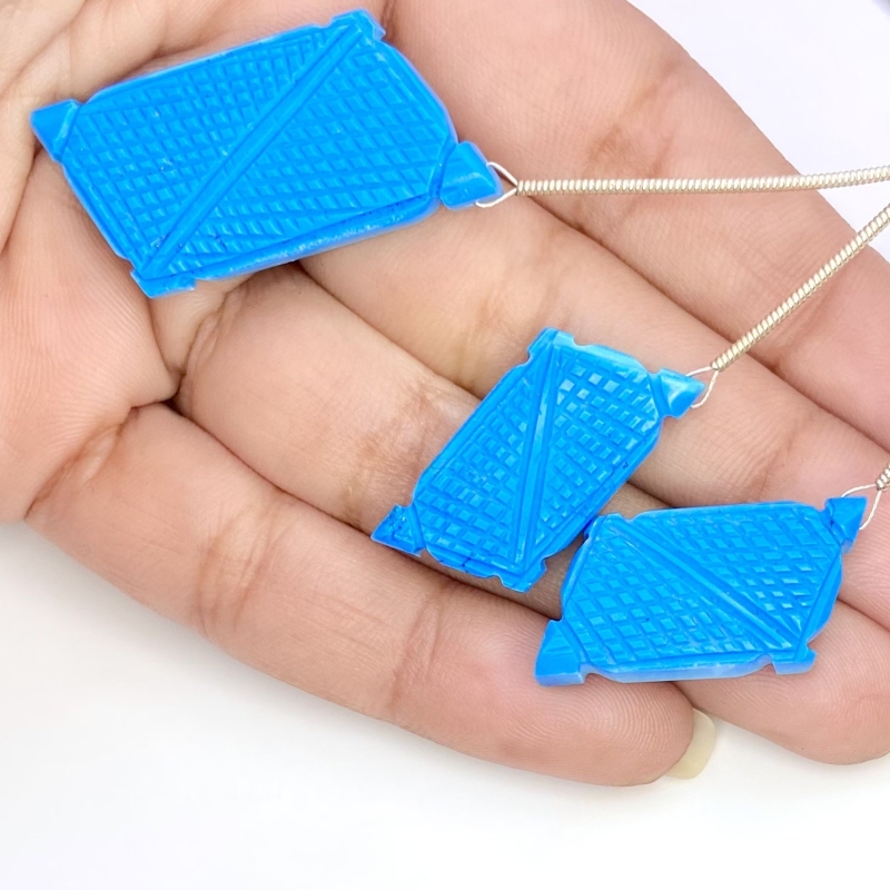 61.65 Carat Turquoise 28x12-38x20mm Carved Creative Cut Shape AAA Grade Matched Gemstone Carvings Set - Total 3 Pcs.