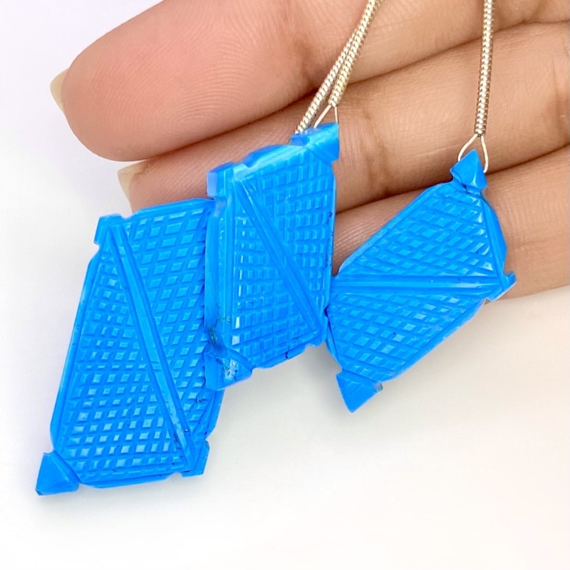 61.65 Carat Turquoise 28x12-38x20mm Carved Creative Cut Shape AAA Grade Matched Gemstone Carvings Set - Total 3 Pcs.