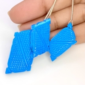 61.65 Carat Turquoise 28x12-38x20mm Carved Creative Cut Shape AAA Grade Matched Gemstone Carvings Set - Total 3 Pcs.