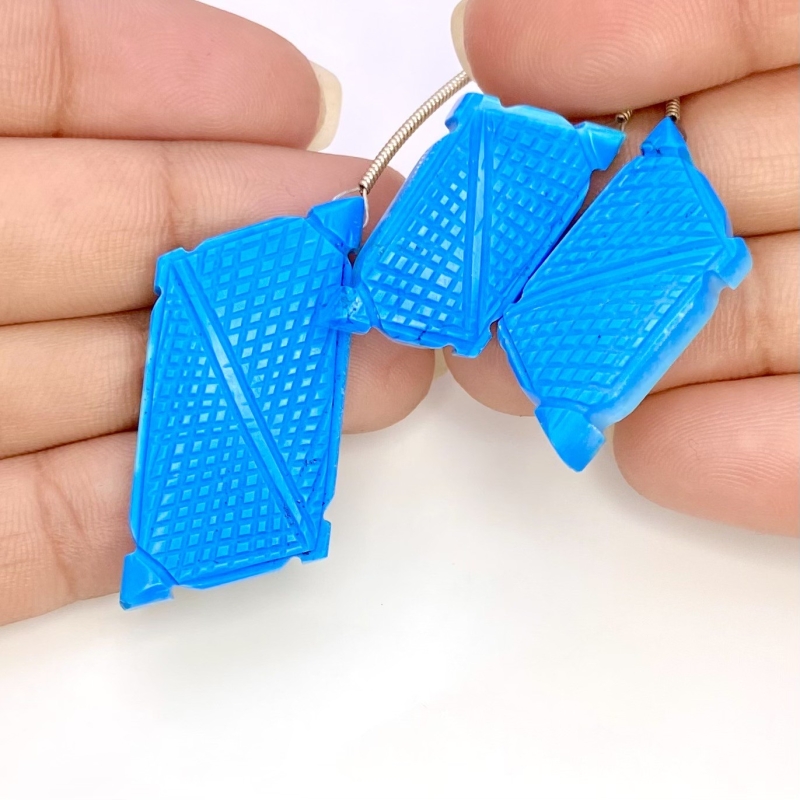 61.65 Carat Turquoise 28x12-38x20mm Carved Creative Cut Shape AAA Grade Matched Gemstone Carvings Set - Total 3 Pcs.