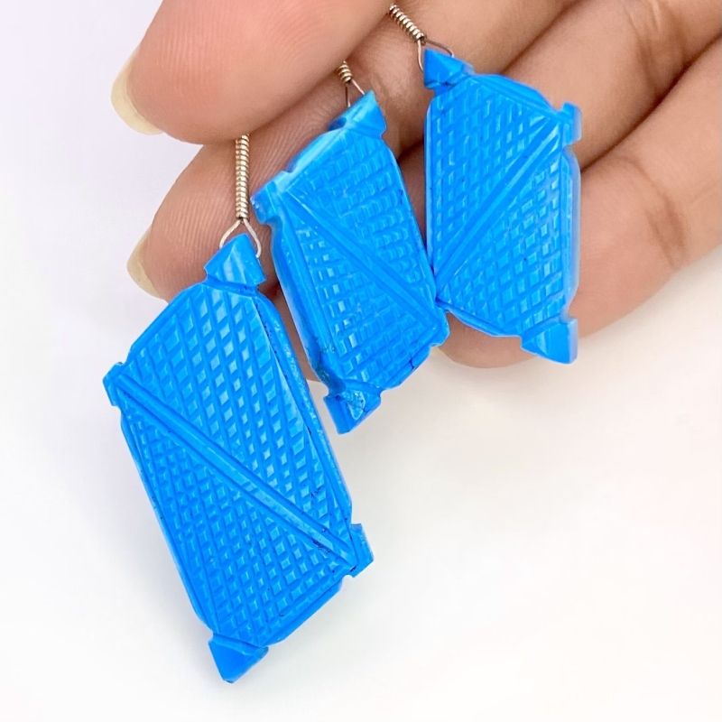 61.65 Carat Turquoise 28x12-38x20mm Carved Creative Cut Shape AAA Grade Matched Gemstone Carvings Set - Total 3 Pcs.