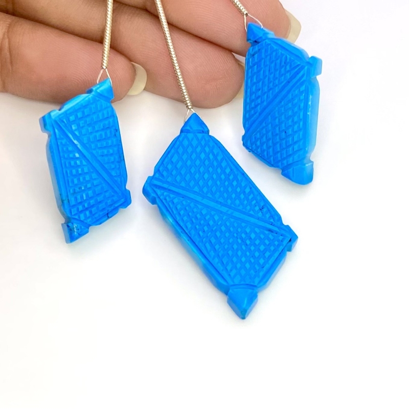 61.65 Carat Turquoise 28x12-38x20mm Carved Creative Cut Shape AAA Grade Matched Gemstone Carvings Set - Total 3 Pcs.