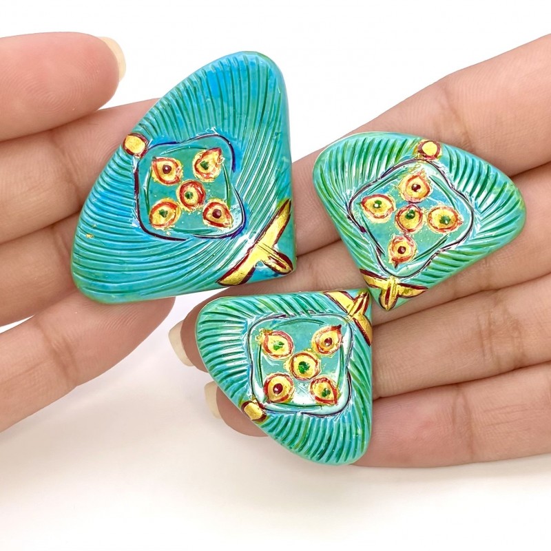 130.60 Carat Turquoise 27x33-47x33mm Carved Fancy Shape AAA Grade Matched Gemstone Carvings Set - Total 3 Pcs.