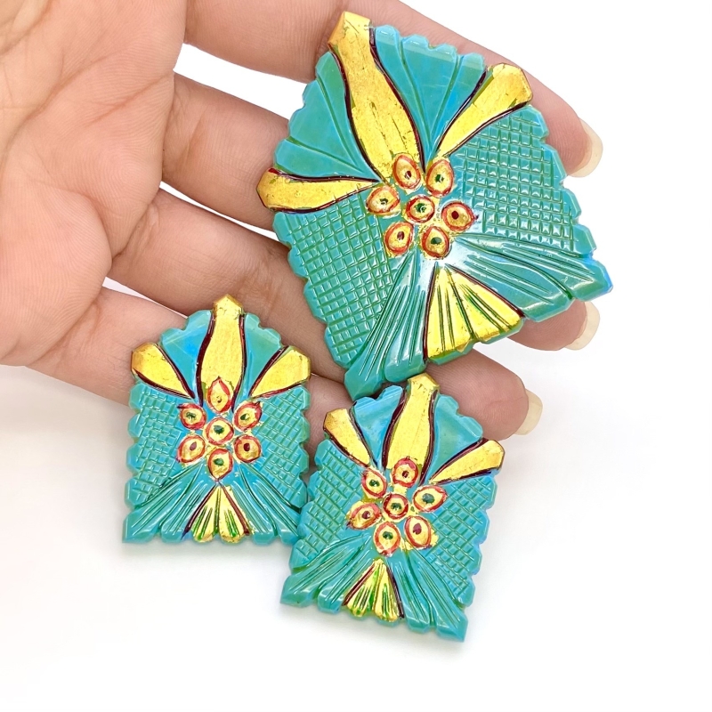 194.15 Carat Turquoise 37x30-52x42mm Carved Fancy Shape AAA Grade Matched Gemstone Carvings Set - Total 3 Pcs.
