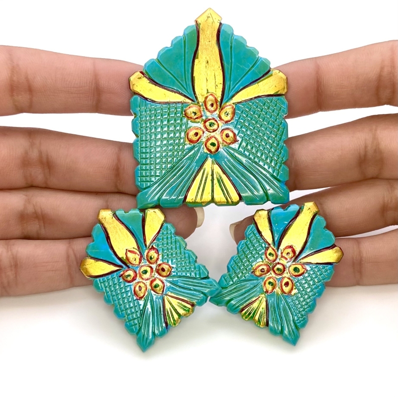 194.15 Carat Turquoise 37x30-52x42mm Carved Fancy Shape AAA Grade Matched Gemstone Carvings Set - Total 3 Pcs.