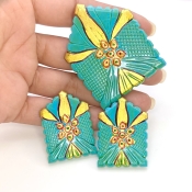 194.15 Carat Turquoise 37x30-52x42mm Carved Fancy Shape AAA Grade Matched Gemstone Carvings Set - Total 3 Pcs.