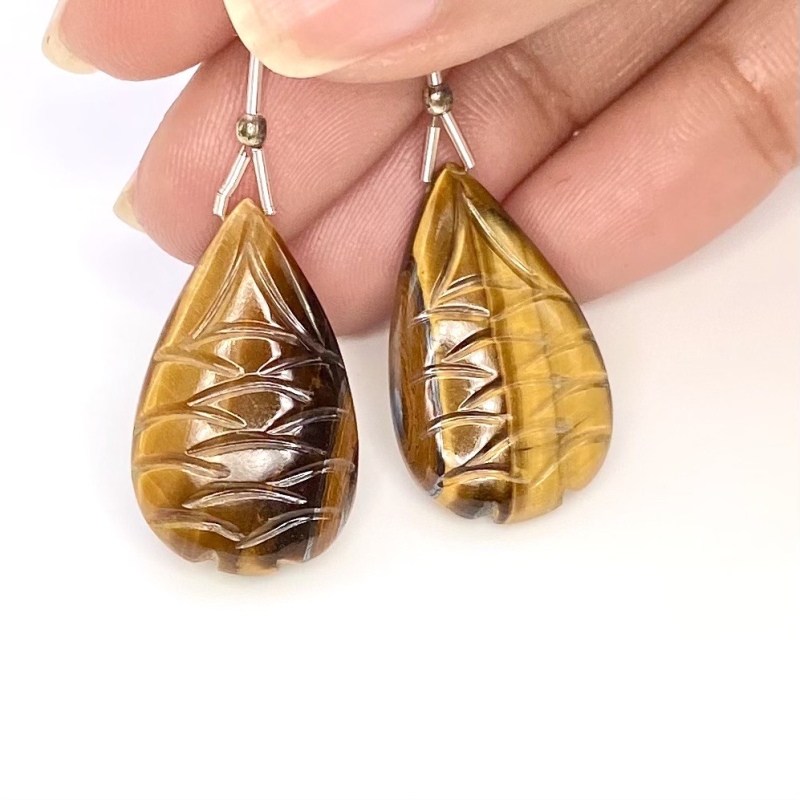  38.10 Carat Tiger Eye 26x15.5mm  Pear Shape AAA Grade Matched Gemstone Beads Pair - Total 2 Pcs.