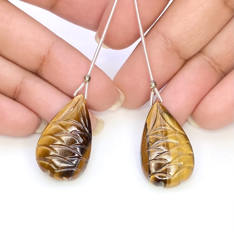  38.10 Carat Tiger Eye 26x15.5mm  Pear Shape AAA Grade Matched Gemstone Beads Pair - Total 2 Pcs.