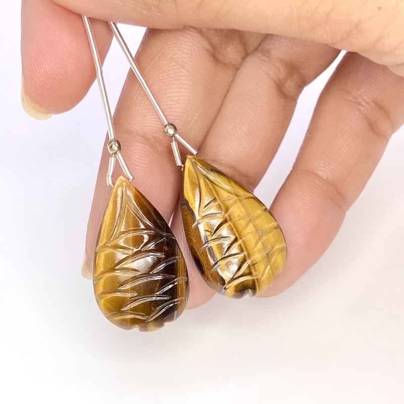  38.10 Carat Tiger Eye 26x15.5mm  Pear Shape AAA Grade Matched Gemstone Beads Pair - Total 2 Pcs.