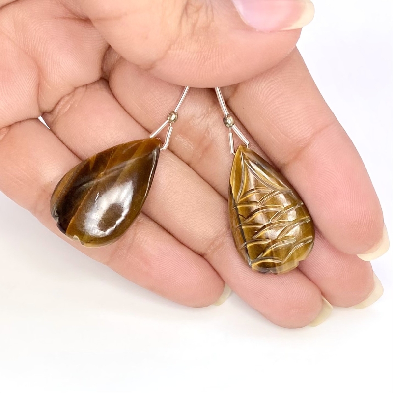  38.10 Carat Tiger Eye 26x15.5mm  Pear Shape AAA Grade Matched Gemstone Beads Pair - Total 2 Pcs.