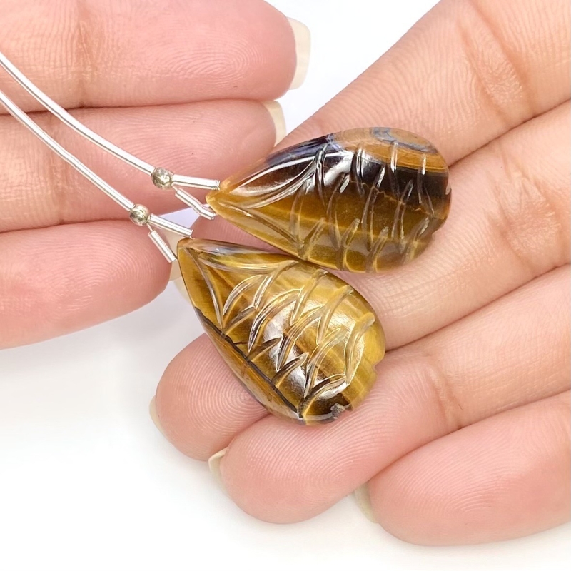  38.10 Carat Tiger Eye 26x15.5mm  Pear Shape AAA Grade Matched Gemstone Beads Pair - Total 2 Pcs.