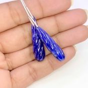 42 Cts. Blue Sapphire 33x8.5mm Carved Drop Shape A Grade Matched Gemstone Carvings Pair - Total 2 Pcs.