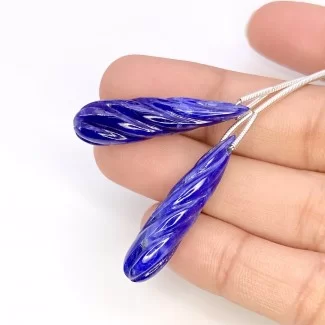 42 Cts. Blue Sapphire 33x8.5mm Carved Drop Shape A Grade Matched Gemstone Carvings Pair - Total 2 Pcs.