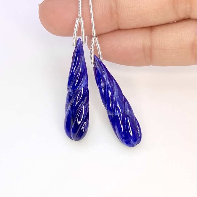 42 Cts. Blue Sapphire 33x8.5mm Carved Drop Shape A Grade Matched Gemstone Carvings Pair - Total 2 Pcs.